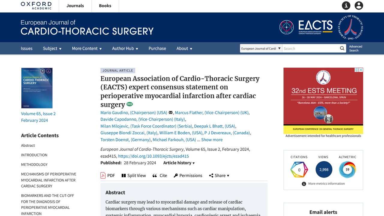European Association of Cardio-Thoracic Surgery (EACTS) expert consensus statement on perioperative myocardial infarction after cardiac surgery